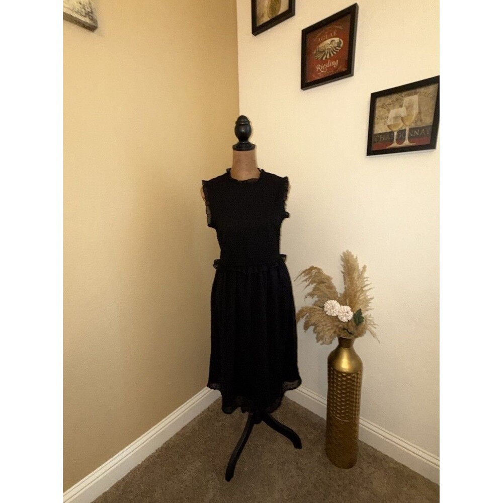 Max + Ash Black Swiss Dot Dress Smocked Bodice Sleeveless Midi Ruffle Trim M